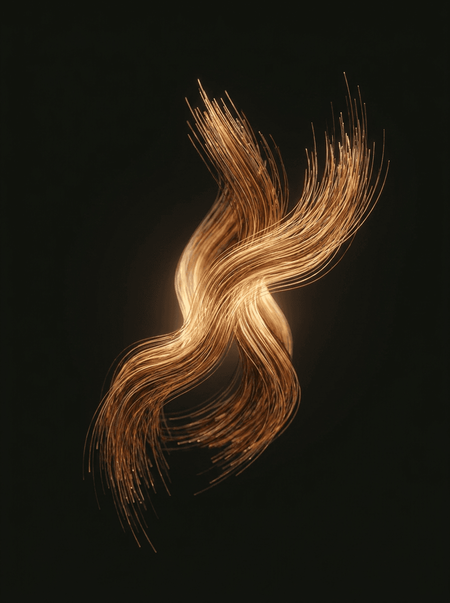 Abstract sculpture of warm golden strands weaving into a single connected form