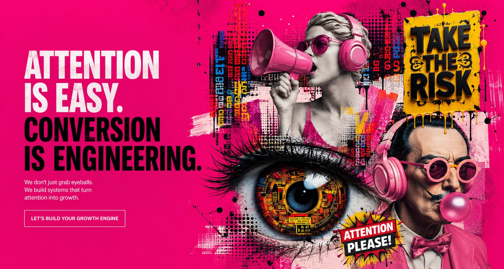 Attention is easy, conversion is engineering — hot-pink pop-art campaign comp with a megaphone figure, a circuitry eye, and a bubblegum portrait
