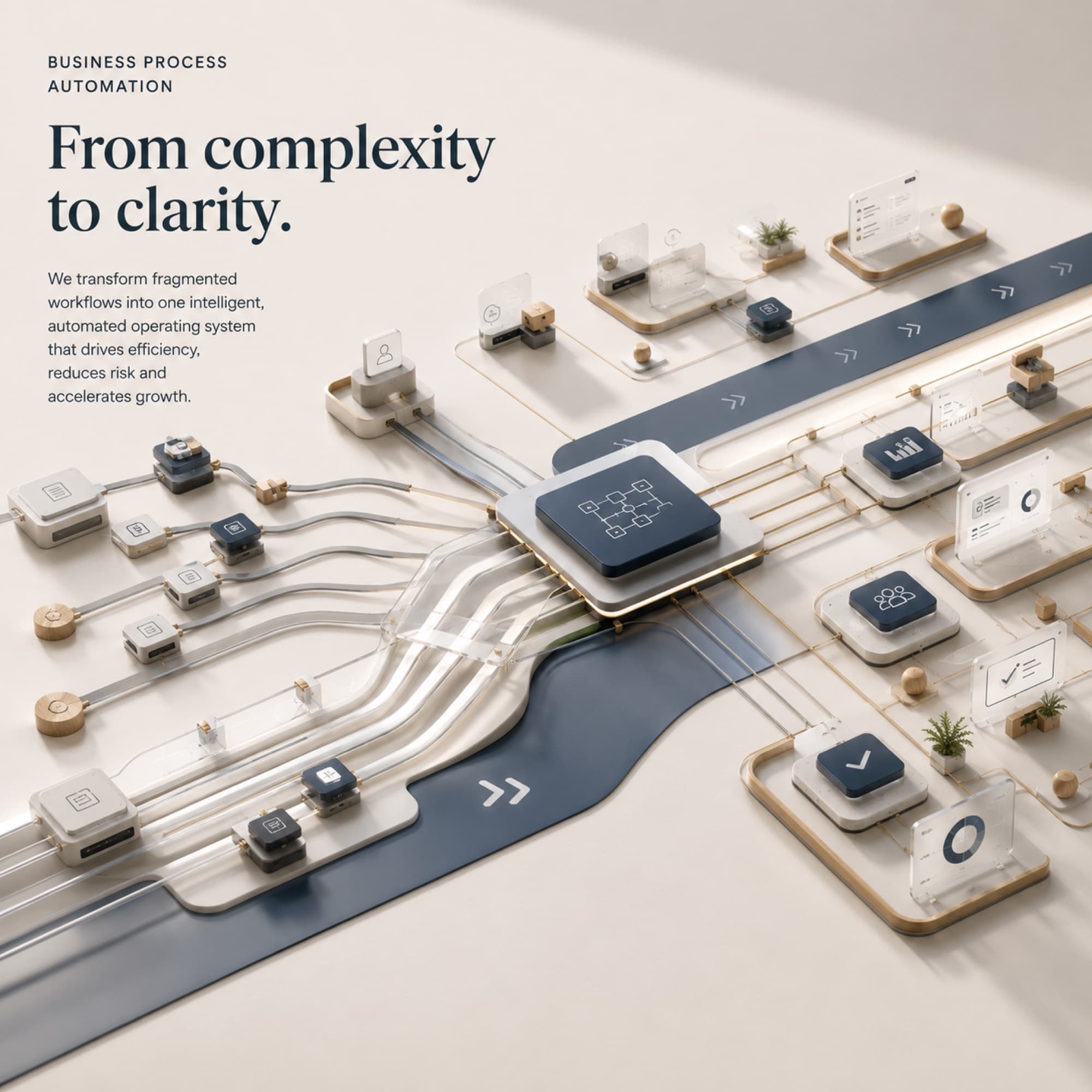 Fragmented workflow lanes converging into one automated operating system — from complexity to clarity