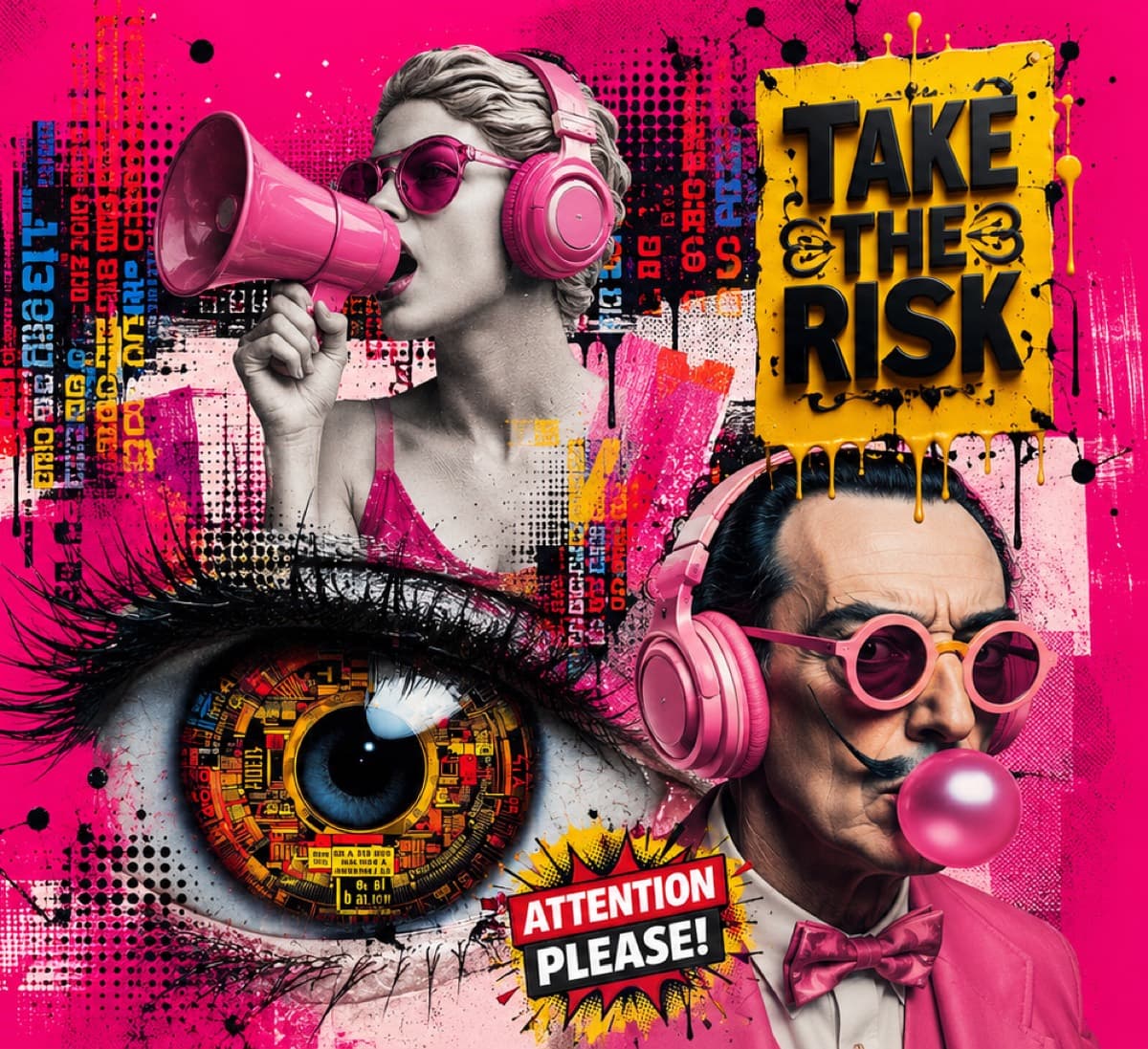 Pop-art collage: a figure shouting through a megaphone, an eye built from circuitry, and a bubblegum portrait in pink headphones, over hot pink with TAKE THE RISK and ATTENTION PLEASE placards