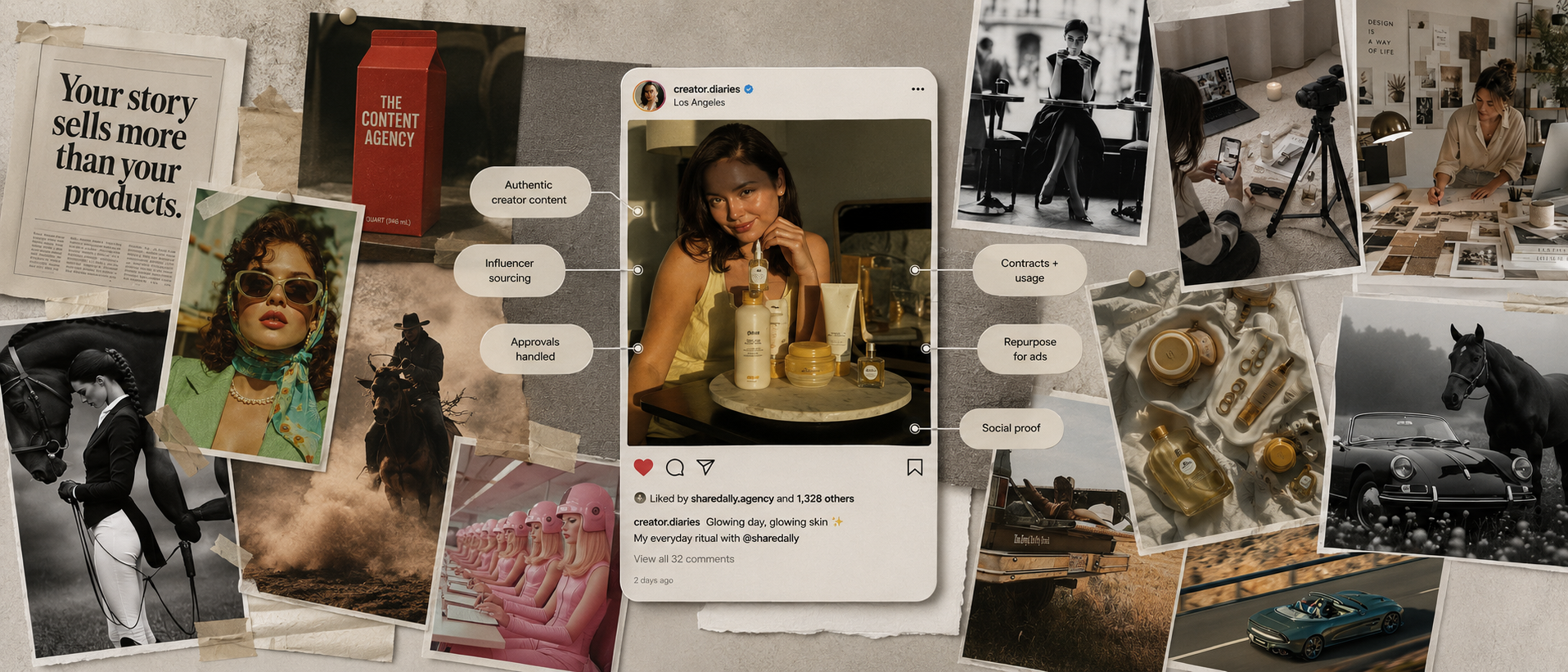 A creator-content moodboard centered on an Instagram post by a beauty creator, surrounded by campaign photography, with callouts for authentic creator content, influencer sourcing, approvals handled, contracts and usage, repurposing for ads, and social proof.
